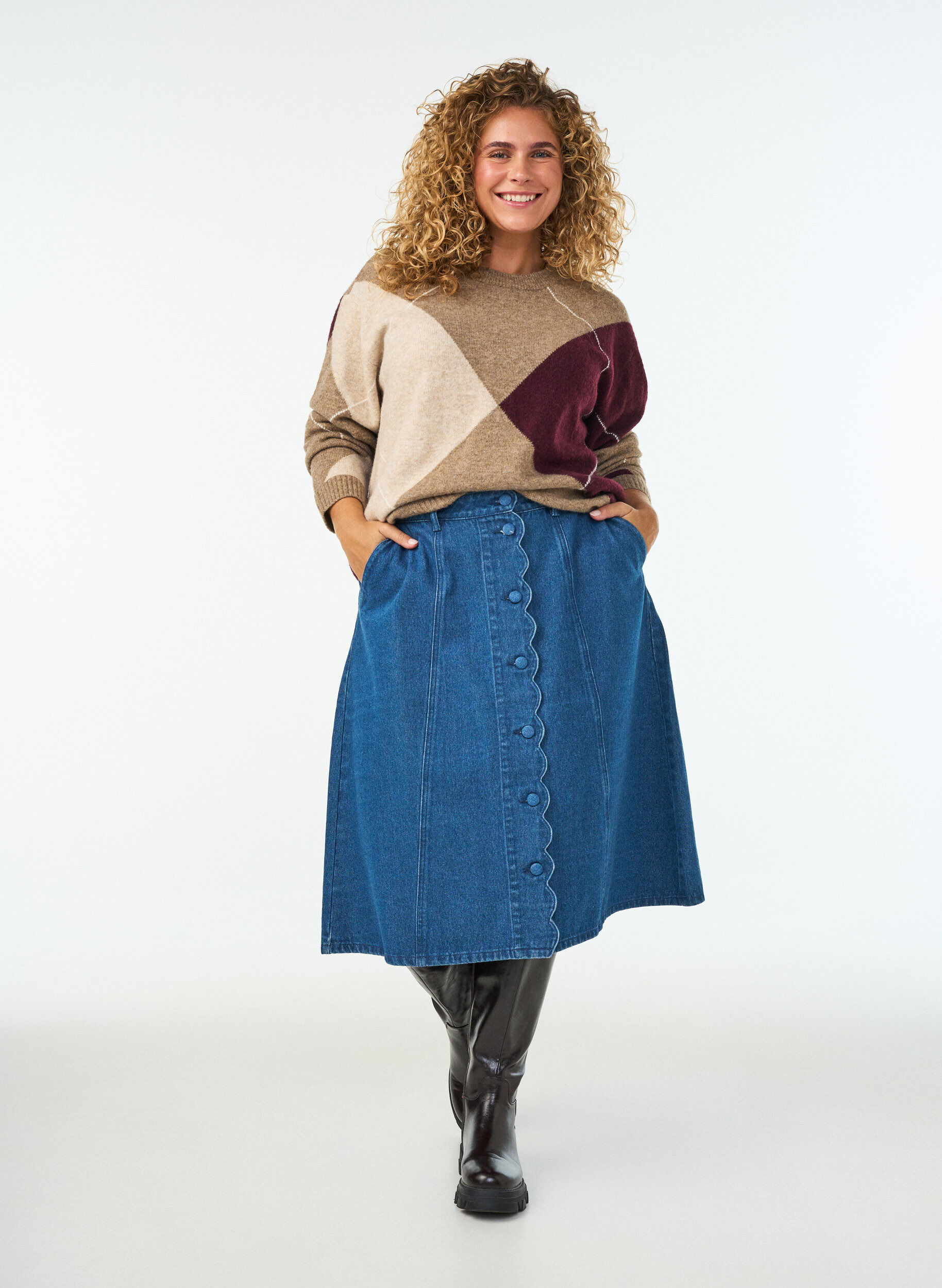 A-lijn denimrok met golvende knoopsluiting, Blauw, Model