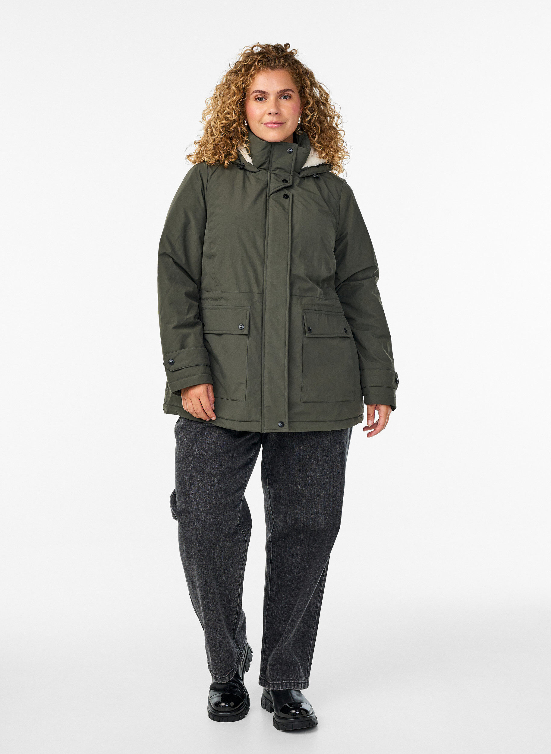 ZizziLichtgewicht gewatteerde parka met teddy gevoerde capuchon, Groen, Model image number 1