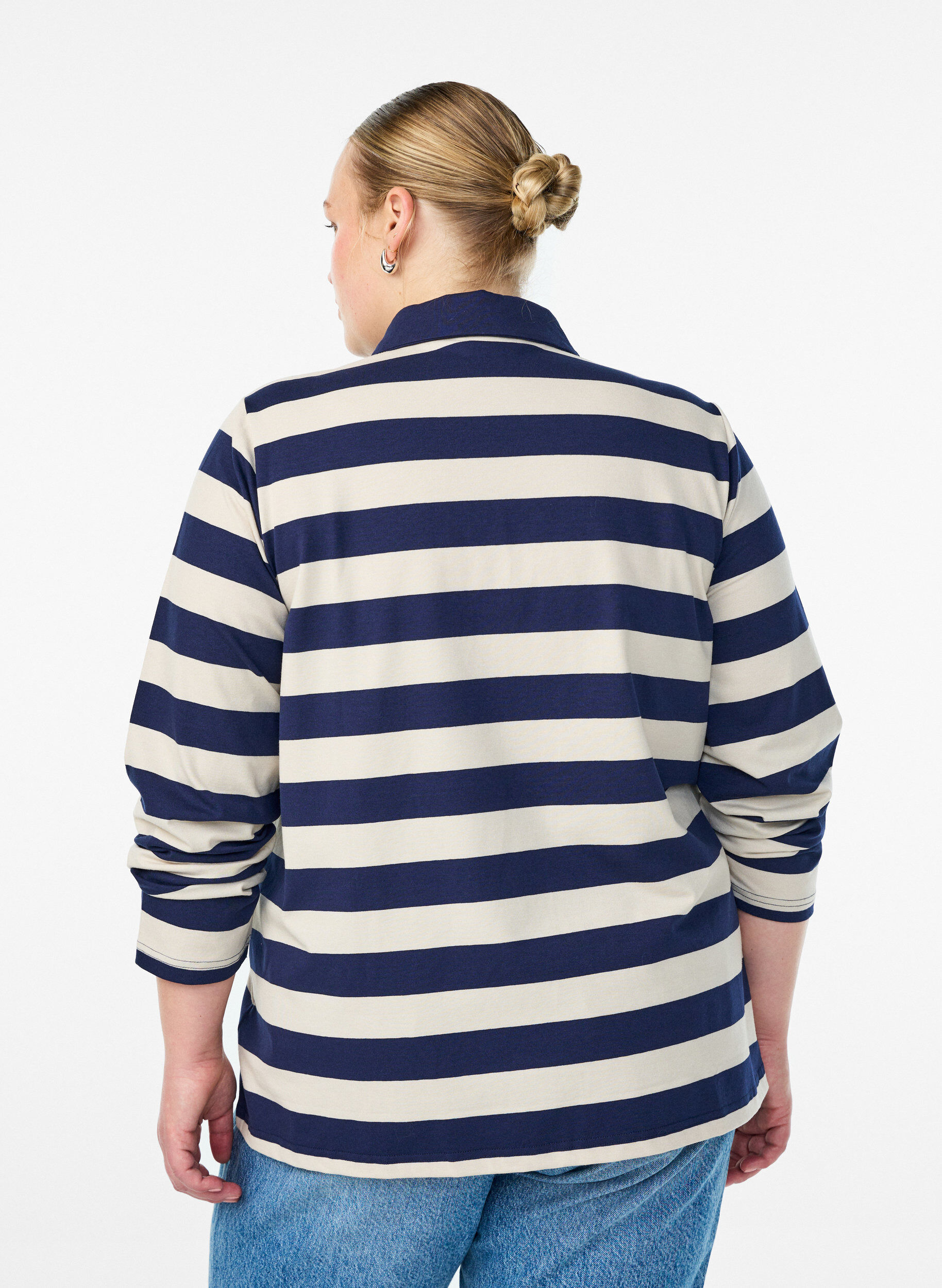 ZizziPoloshirt met lange mouwen en brede strepen, Blauw, Model image number 2