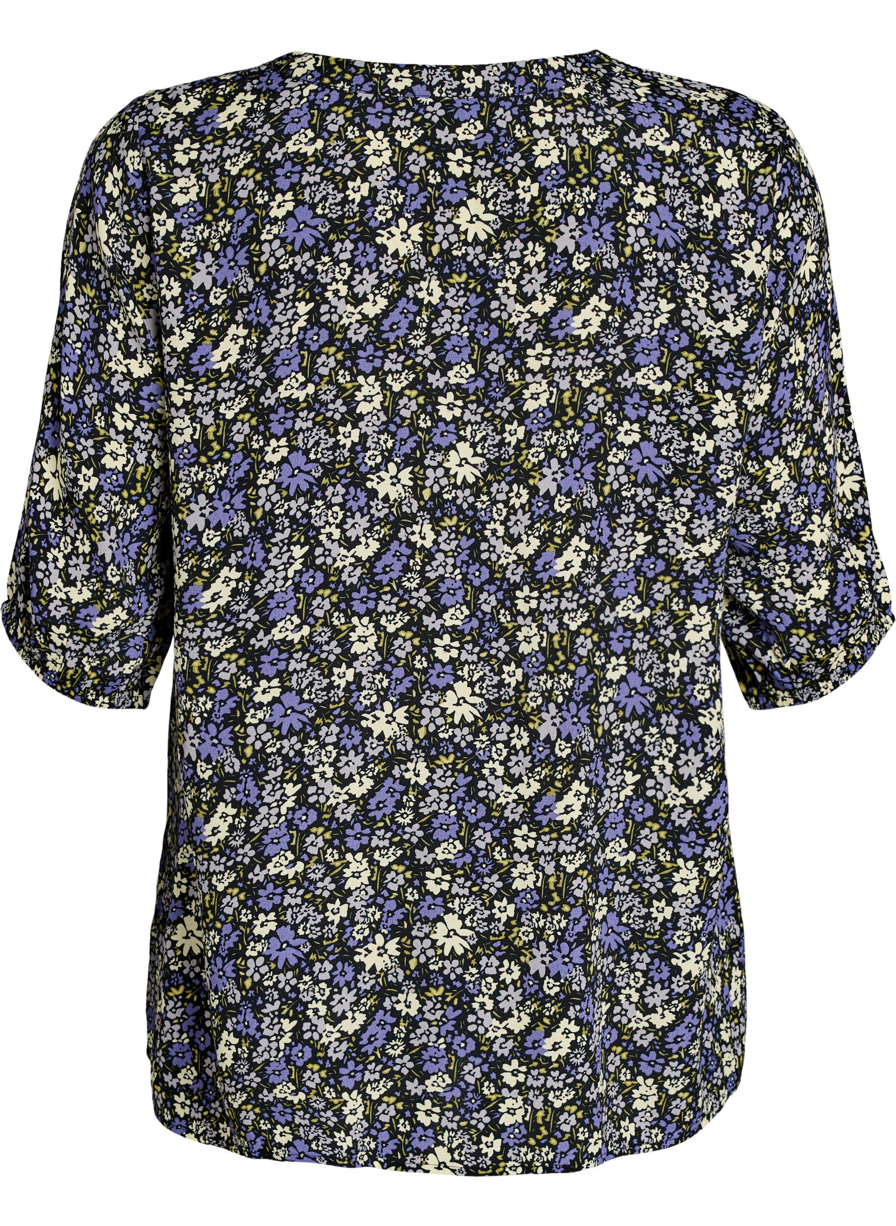 Zizzi Blouse imprim&eacute;e en viscose avec fermeture boutonn&eacute;e, Noir, Packshot image number 1