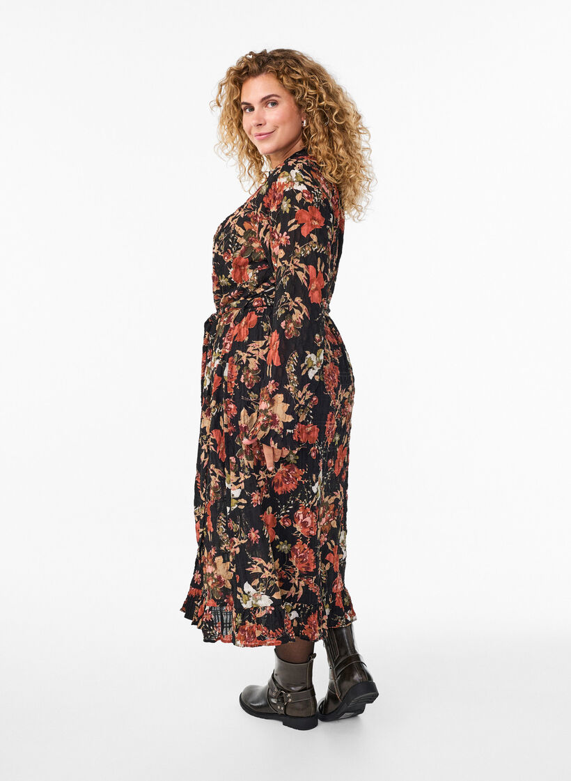 Midi-jurk met bloemenprint en afneembare strikceintuur, Zwart, Model image number 1