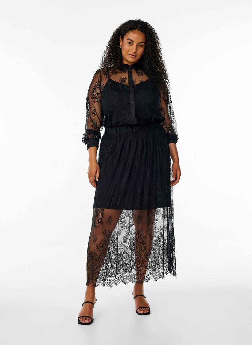 Lange rok van kant met elastische taille, Black, Model