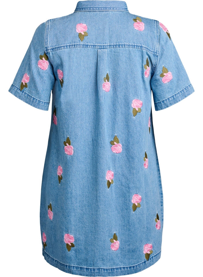 Korte denim jurk met geborduurde bloemen, LBD w. Flower, Packshot