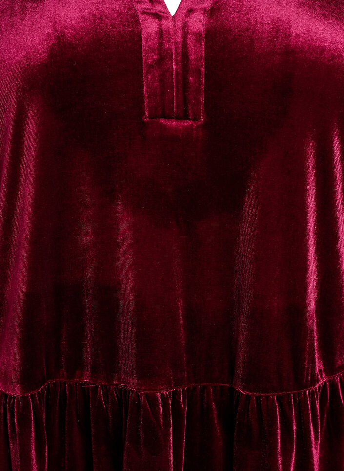 Veloursjurk met lange mouwen en een ruchekraag, Rood, Packshot image number 2
