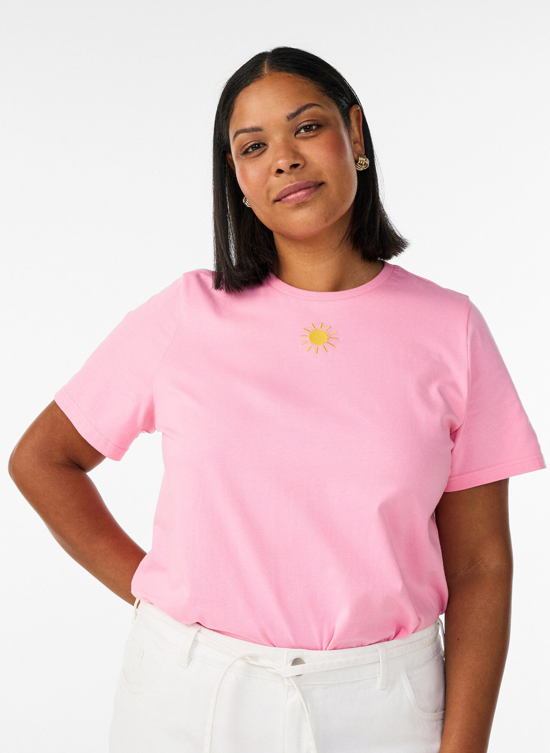 Biologisch katoenen T-shirt met tekstmotief, Roze, Model