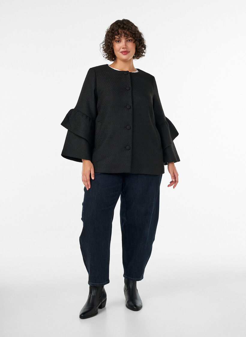 Boucl&eacute; jasje met ruchesdetails, Zwart, Model image number 1