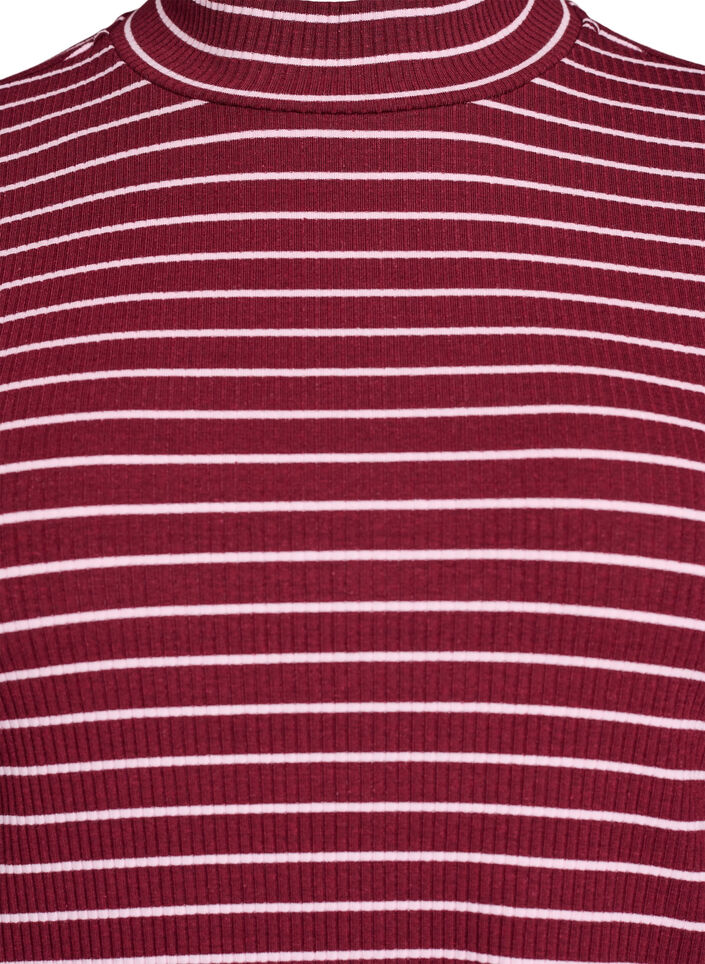 Geribde gestreepte jersey blouse met een hoge hals, Donker Bordeaux, Packshot