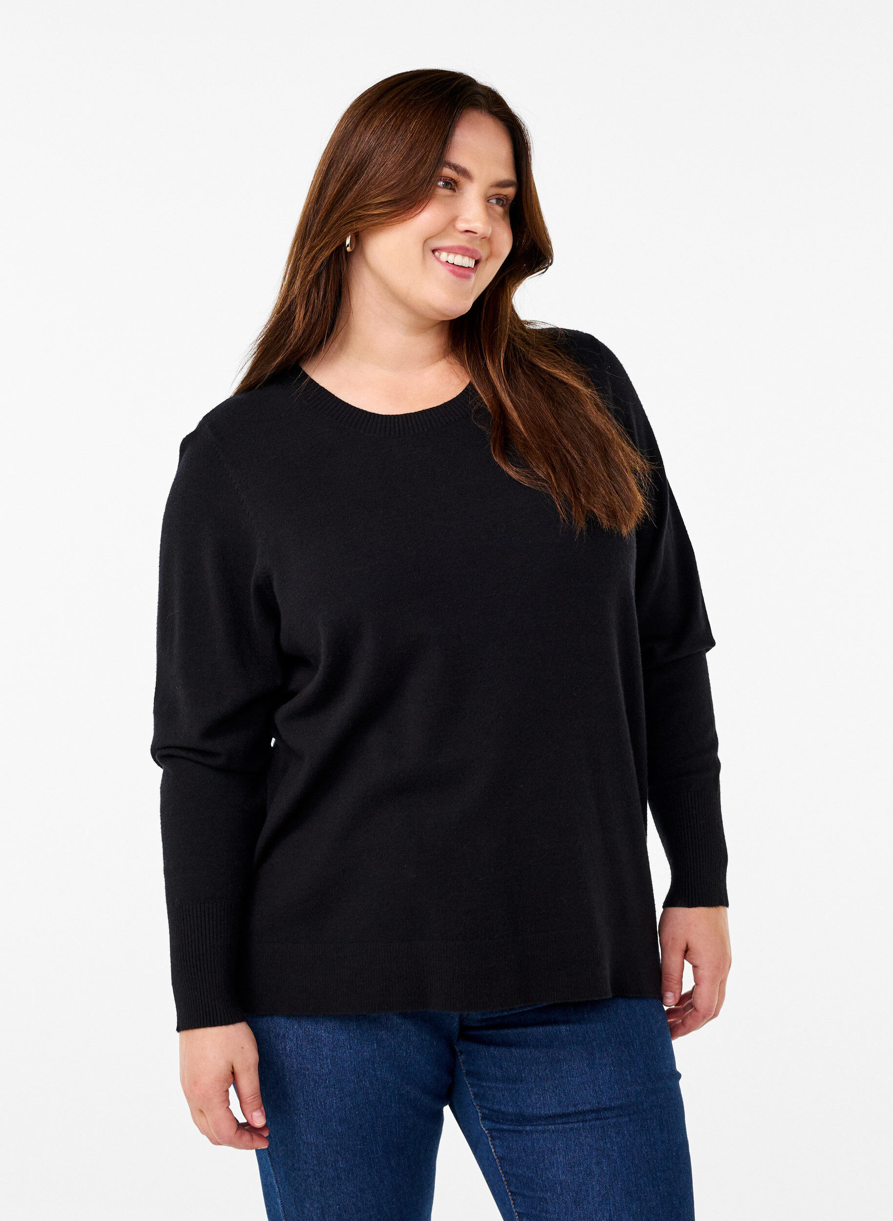 Gebreide blouse met ronde hals, Zwart, Model
