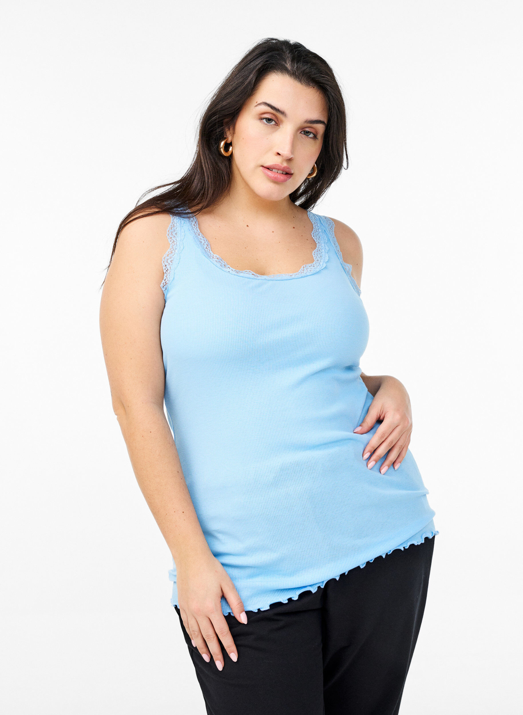 Top met kanten rand, Blauw, Model