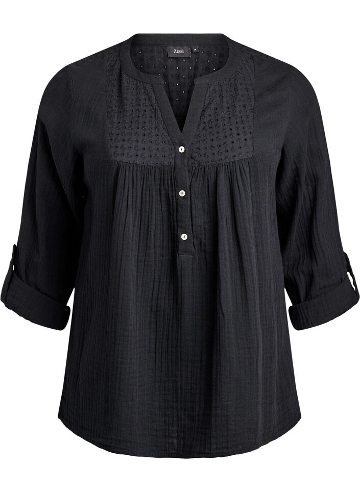 Blouse in katoenen mousseline met broderie anglaise, Zwart, Packshot image number 0