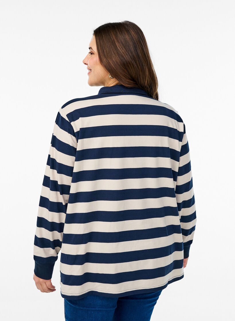 Gestreept poloshirt met badstof details, Birch w. Navy, Model
