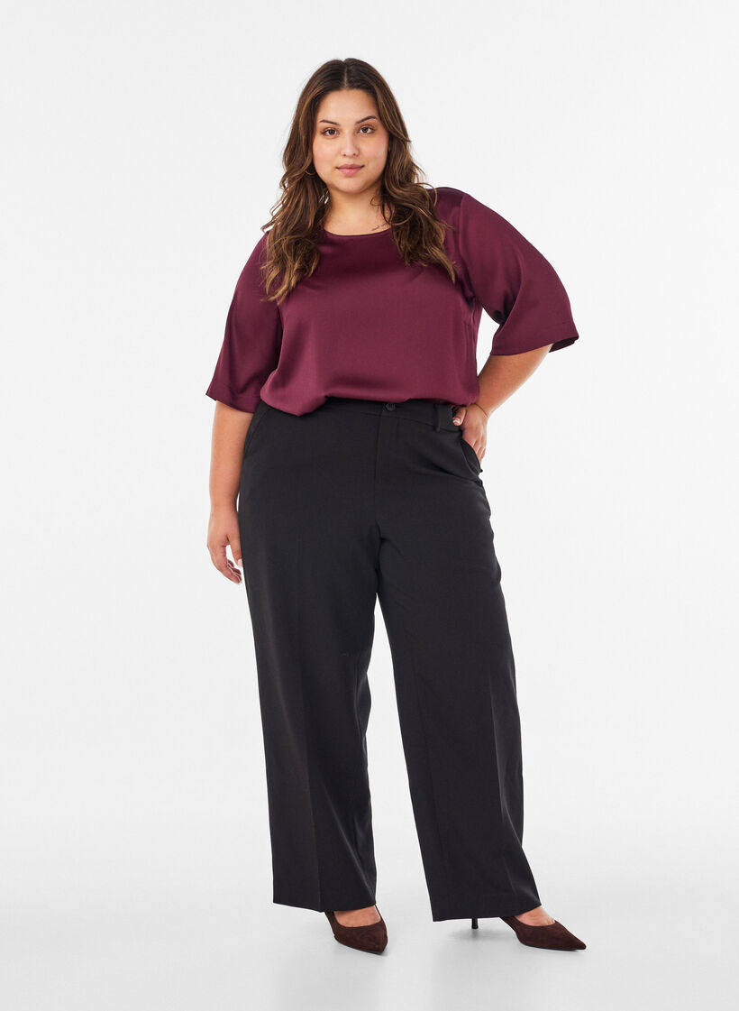 Satijnen blouse met ellebooglange mouwen, Rood, Model image number 1