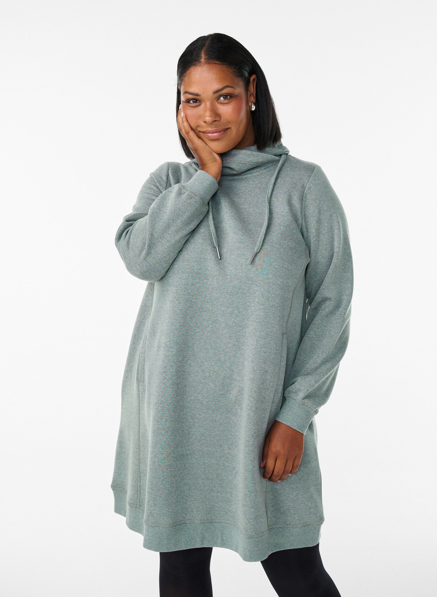 Kort sweatshirt jurk met hoge kraag en zakken, Groen, Model