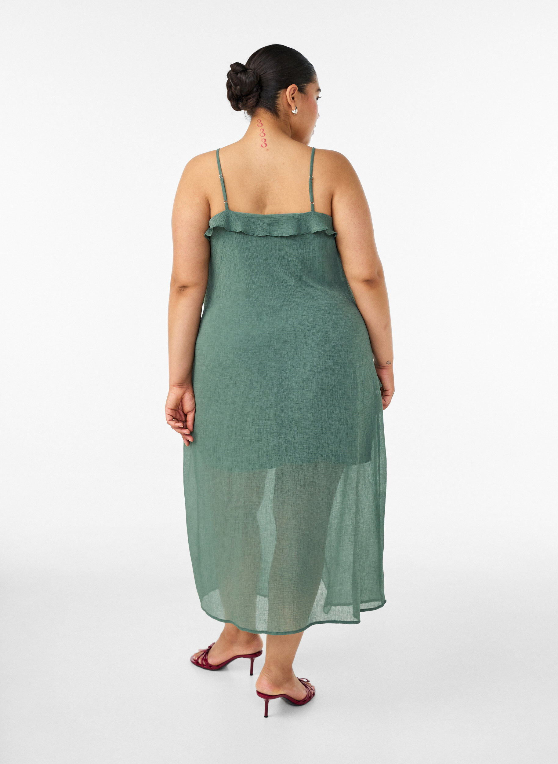 ZizziChiffon jurk met asymmetrische ruches, Groen, Model image number 1