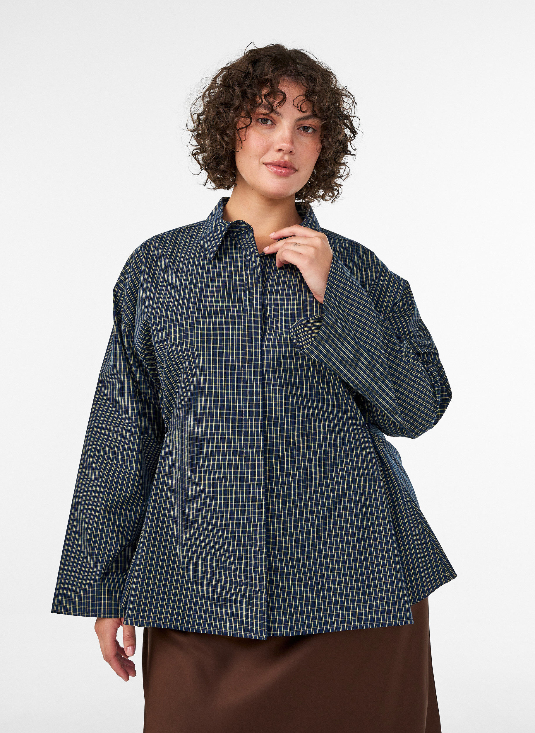 Katoenen overhemd met ruitpatroon en onzichtbare knoopsluiting, Blauw, Model