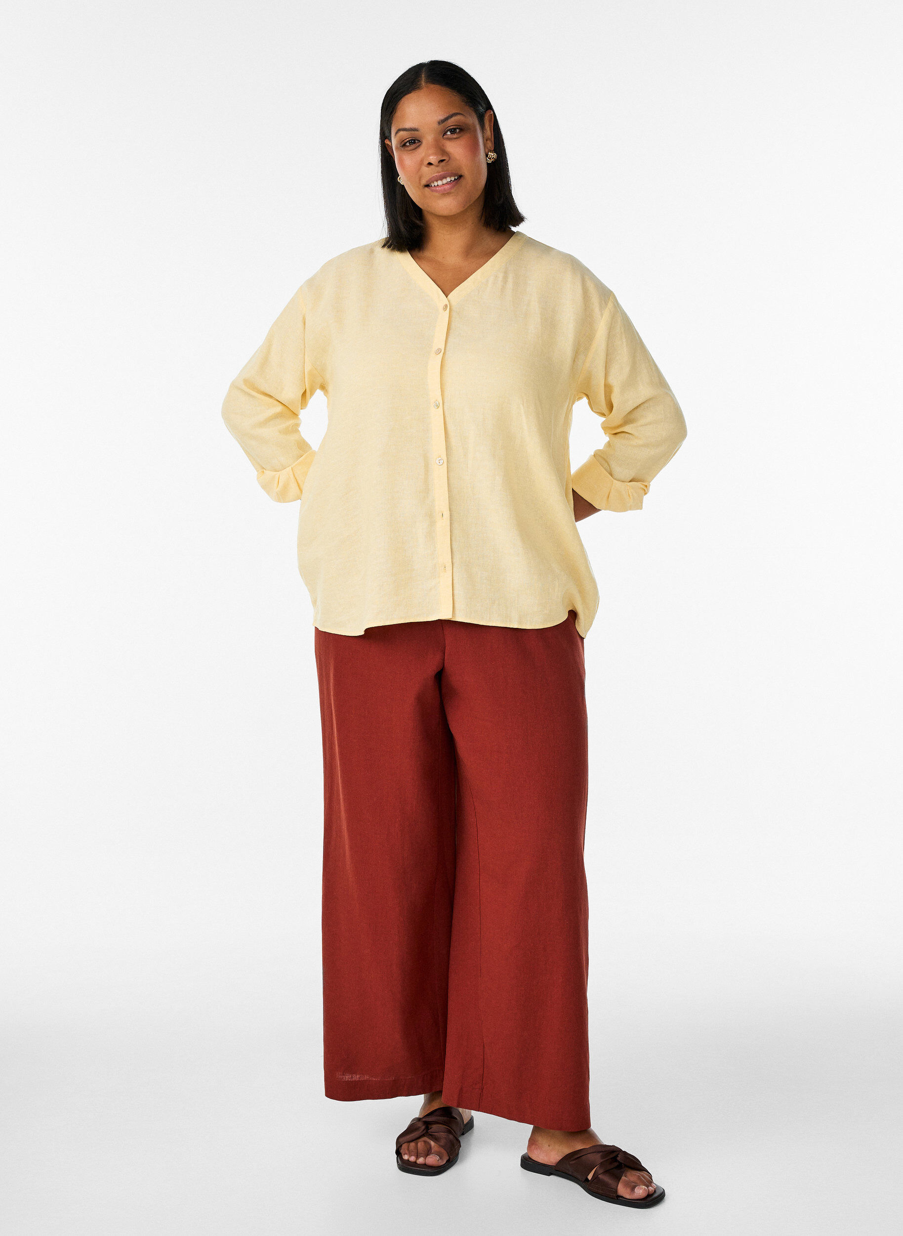 Wijde linnen en viscose broek, Rood, Model