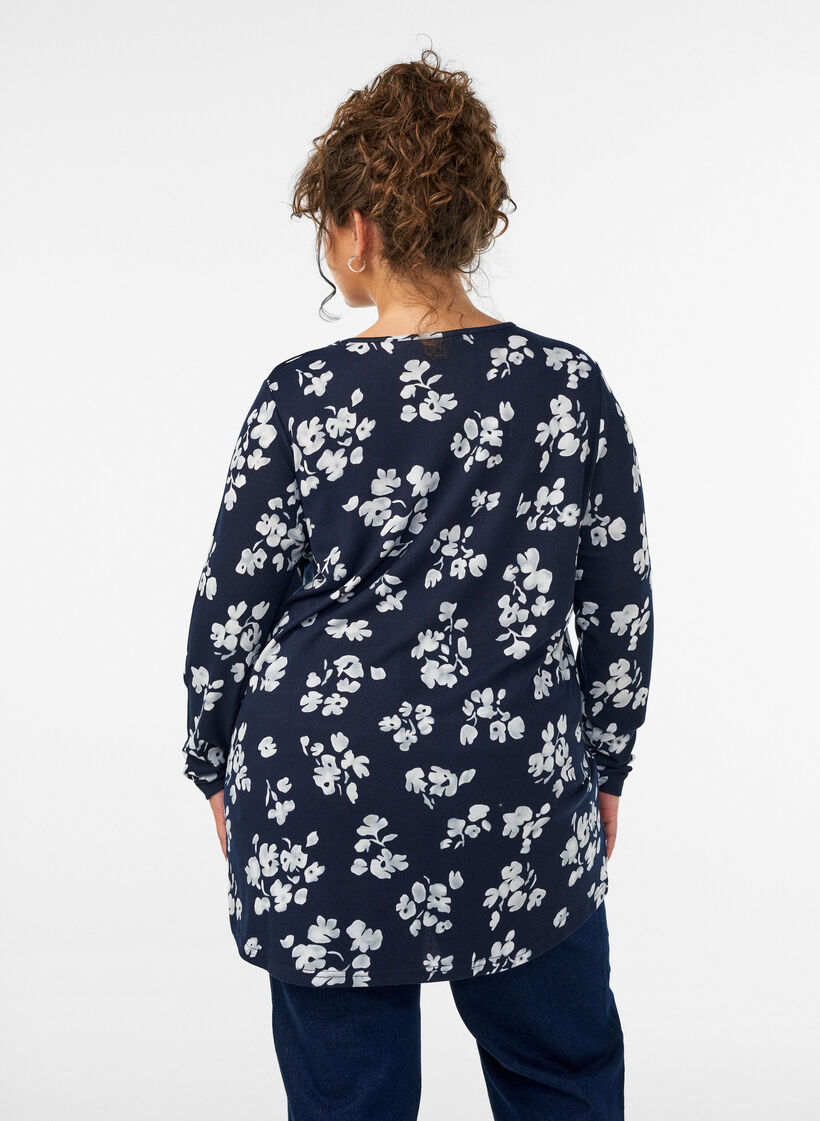 Gebloemde blouse met lange mouwen, Blauw, Model image number 2