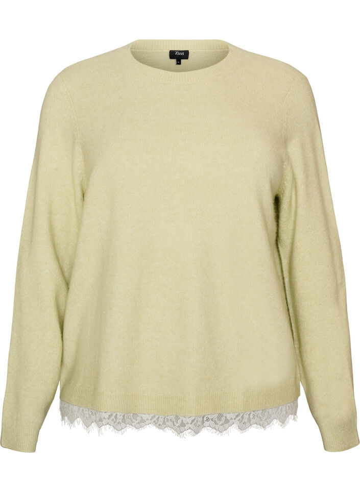 Gebreide blouse met kanten rand aan de zoom, Groen, Packshot image number 0