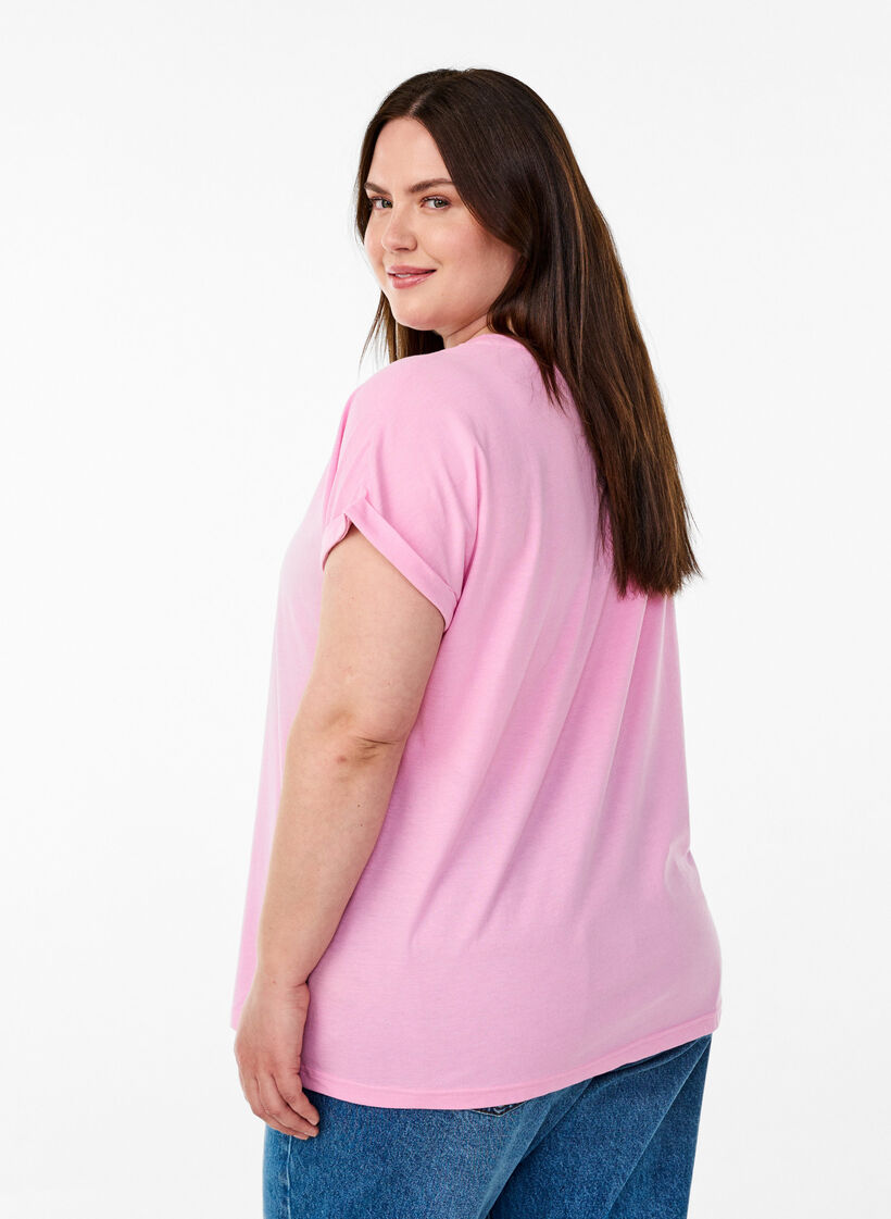 T-shirt met korte mouwen in een katoenmix, Roze, Model image number 2