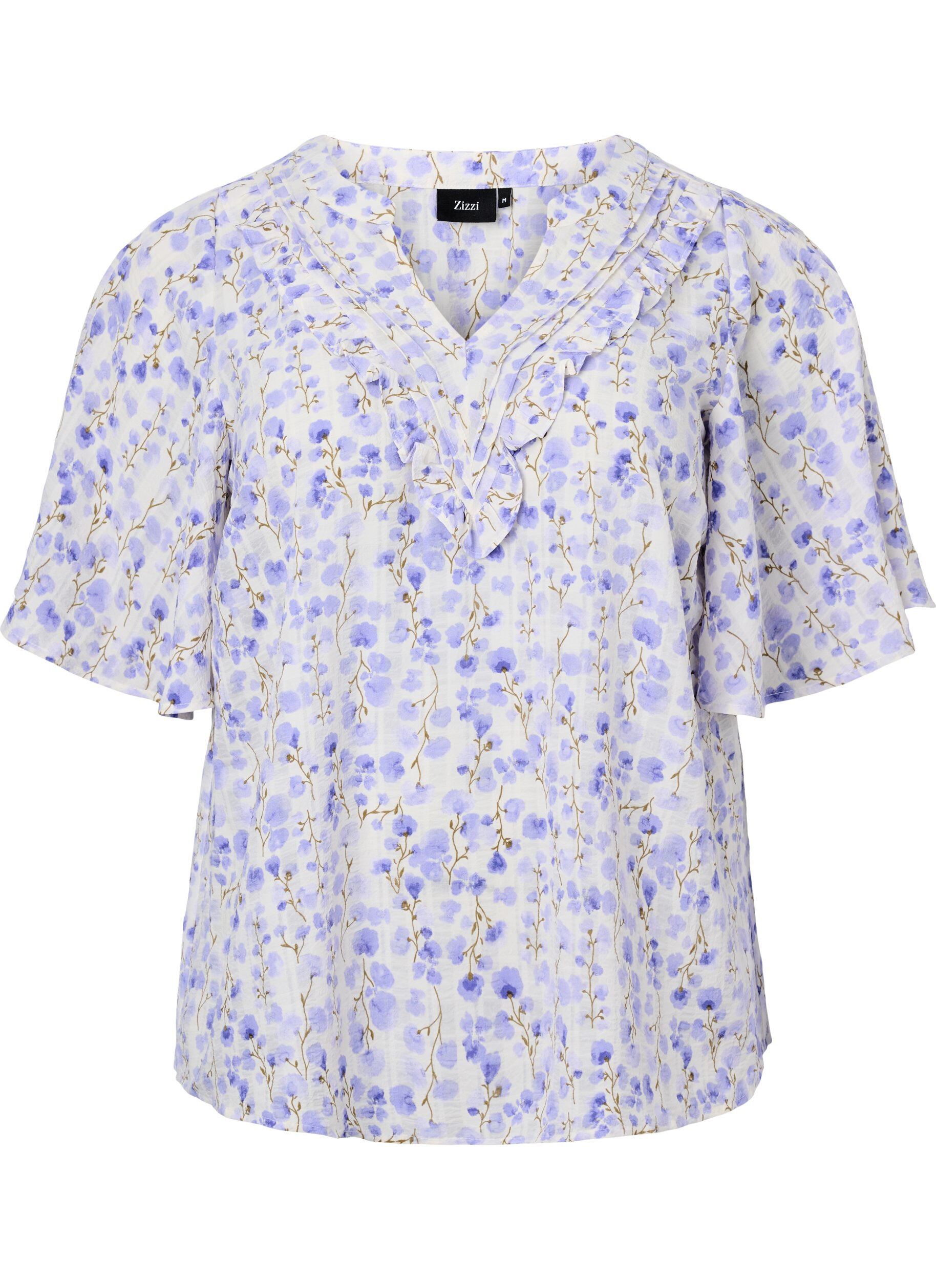 ZizziBlouse met V-hals, korte mouwen en bloemenprint, Wit, Packshot image number 0