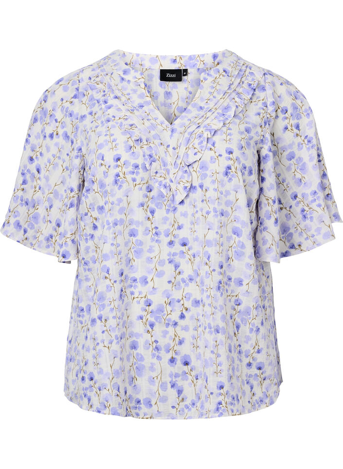 Blouse met V-hals, korte mouwen en bloemenprint, Wit, Packshot image number 0