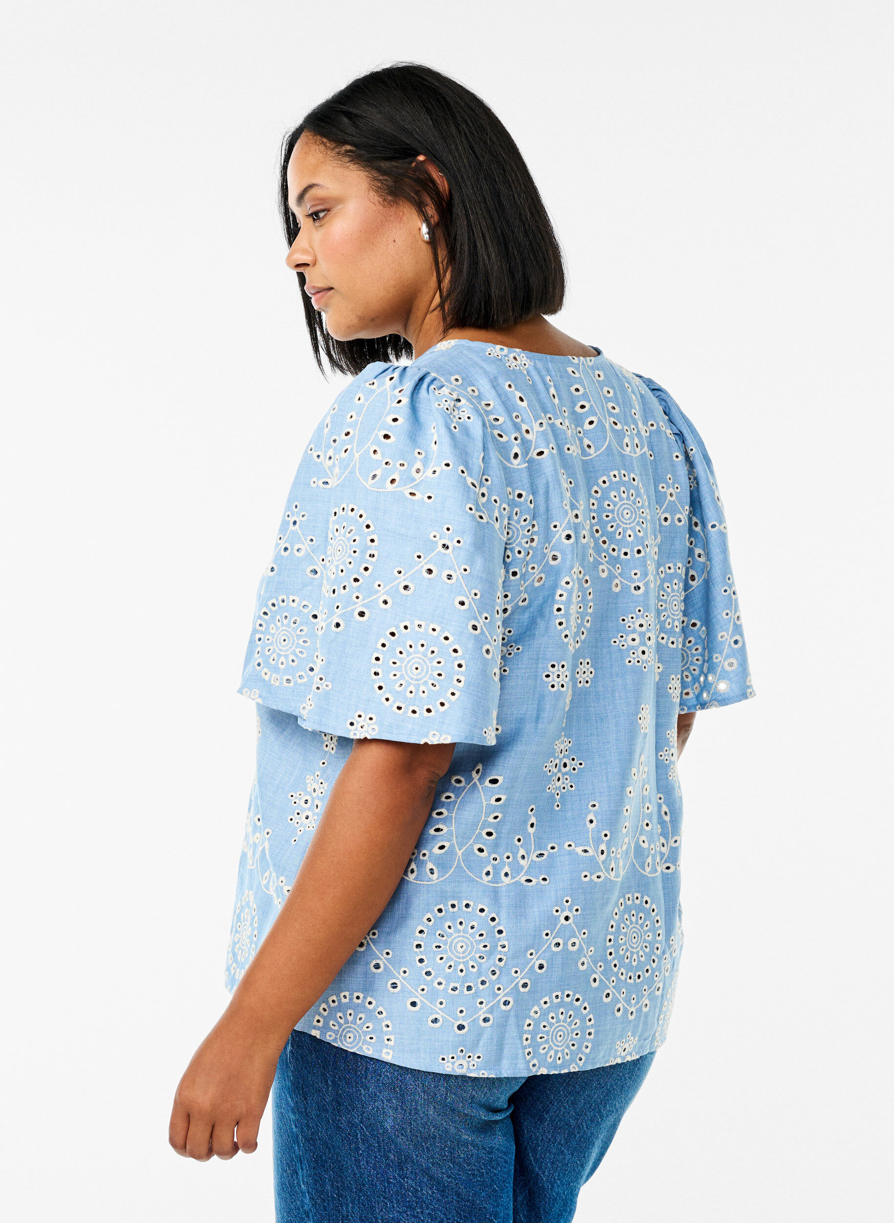 ZizziBlouse met broderie anglaise en korte pofmouwen, Blauw, Model image number 2