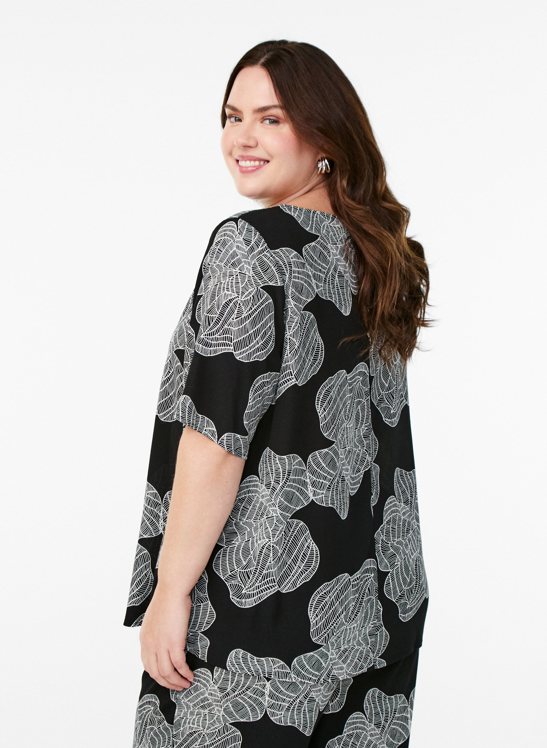 ZizziKorte mouw visrose Blouse met print, Zwart, Model image number 2