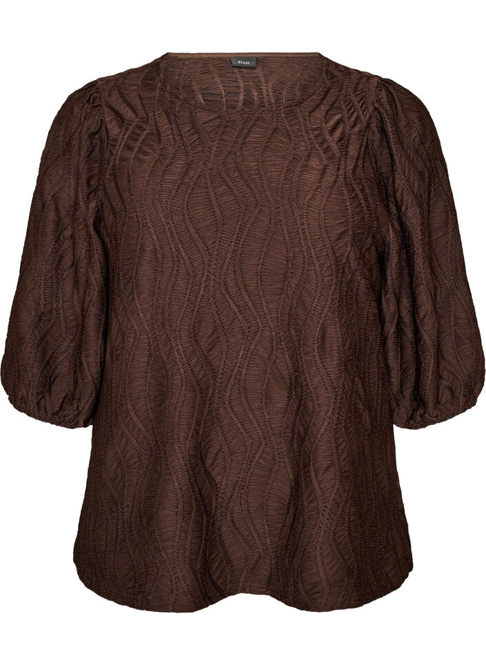 Blouse met textuur en 3/4 mouwen, Bruin, Packshot image number 0
