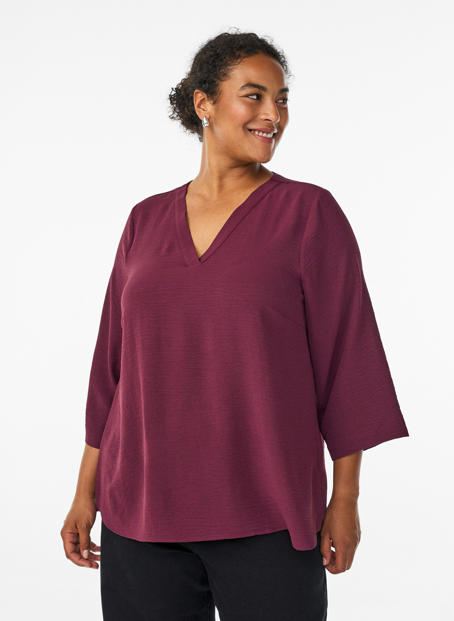 Blouse met 3/4 mouwen, Donker Bordeaux, Model
