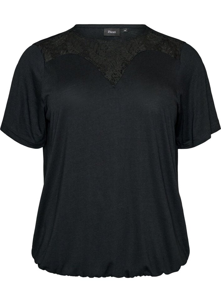 Blouse met kanten inzetstuk en ballonmouwen, Zwart, Packshot image number 0