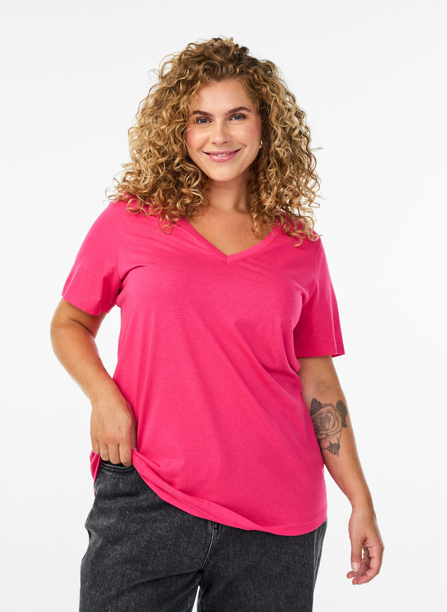T-shirt met korte mouwen en V-hals, Roze, Model