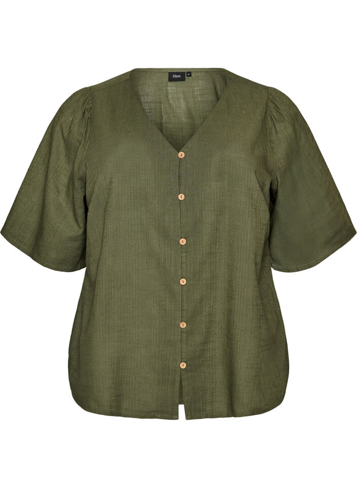 Katoenen shirt met korte mouwen en een V-hals, Groen, Packshot image number 0