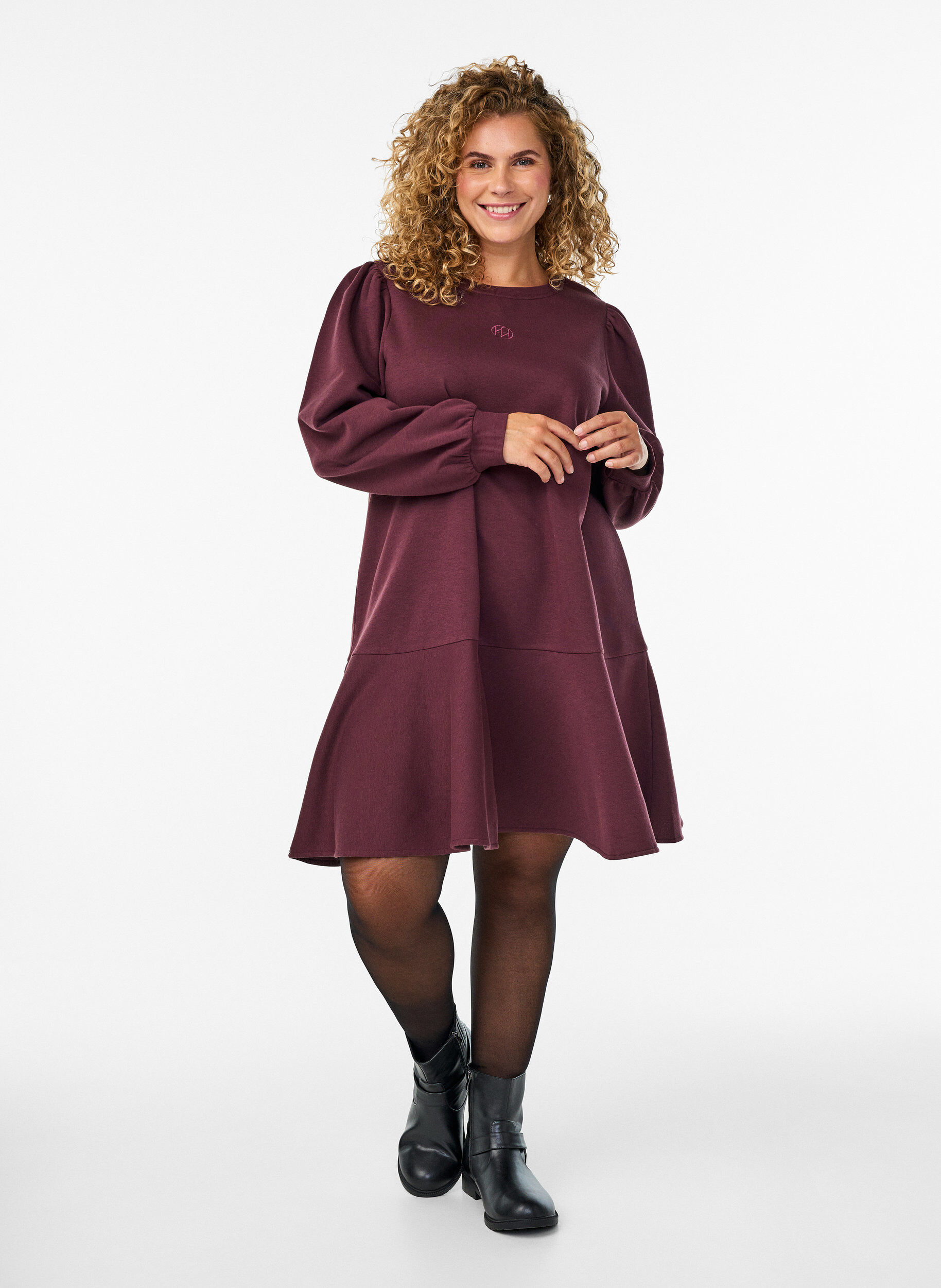 ZizziKorte sweaterjurk met ruchesdetail, Donker Bordeaux, Model image number 1