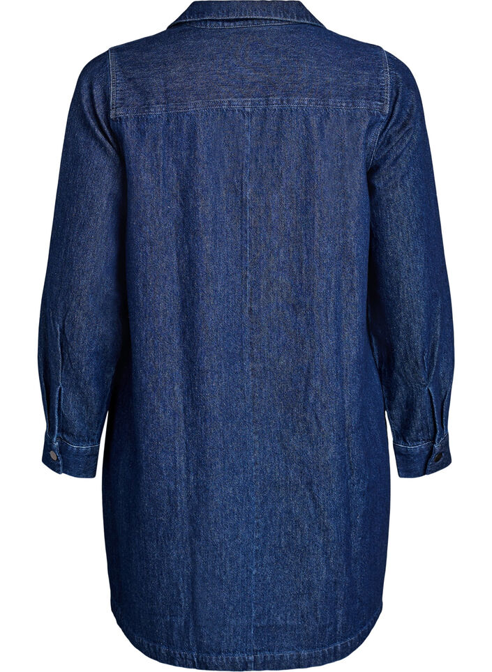 Korte denim jurk met een V-hals en kraag, Dark Blue Denim, Packshot