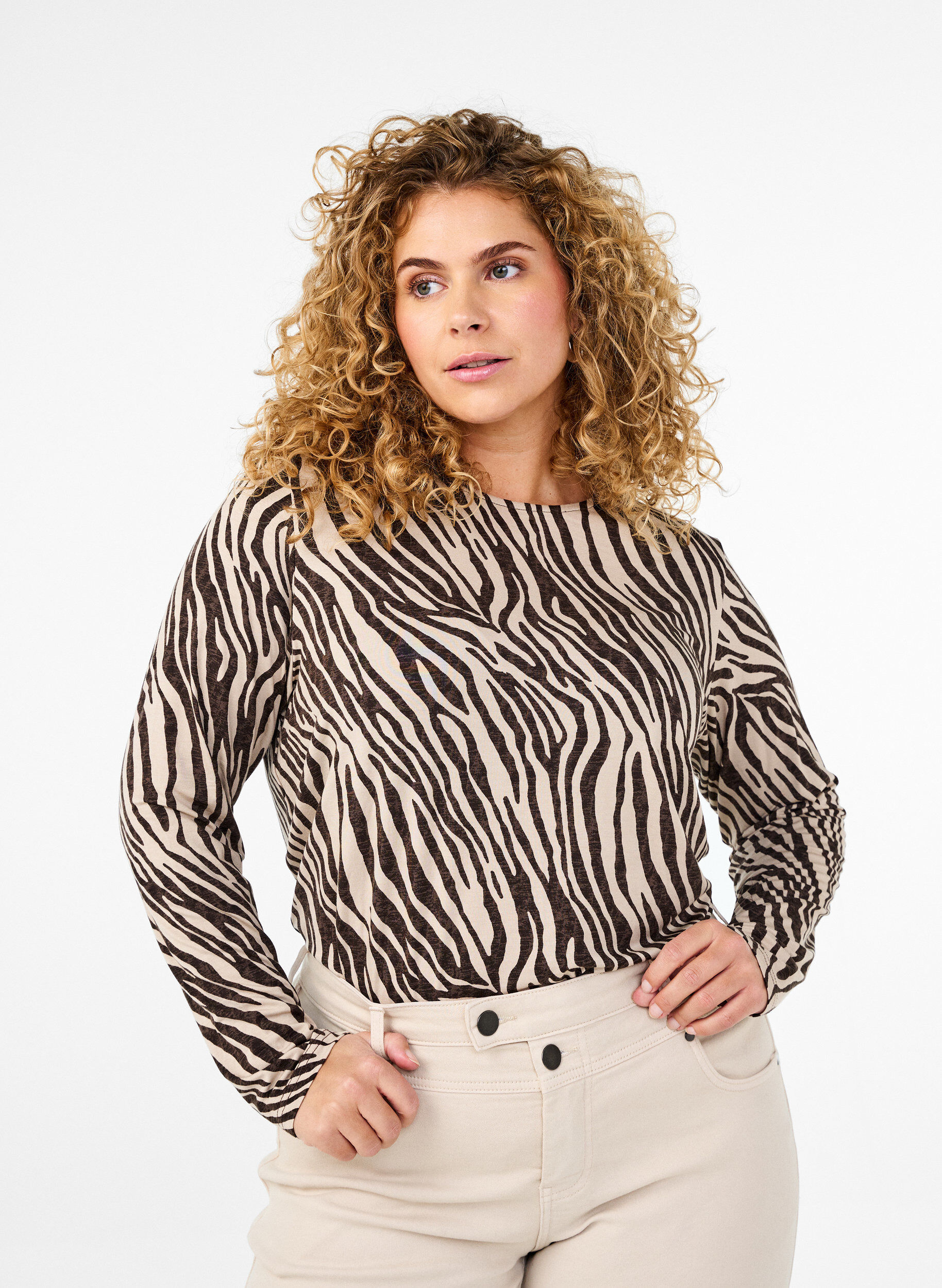 ZizziBlouse met lange mouwen en zebraprint, Bruin, Model image number 0