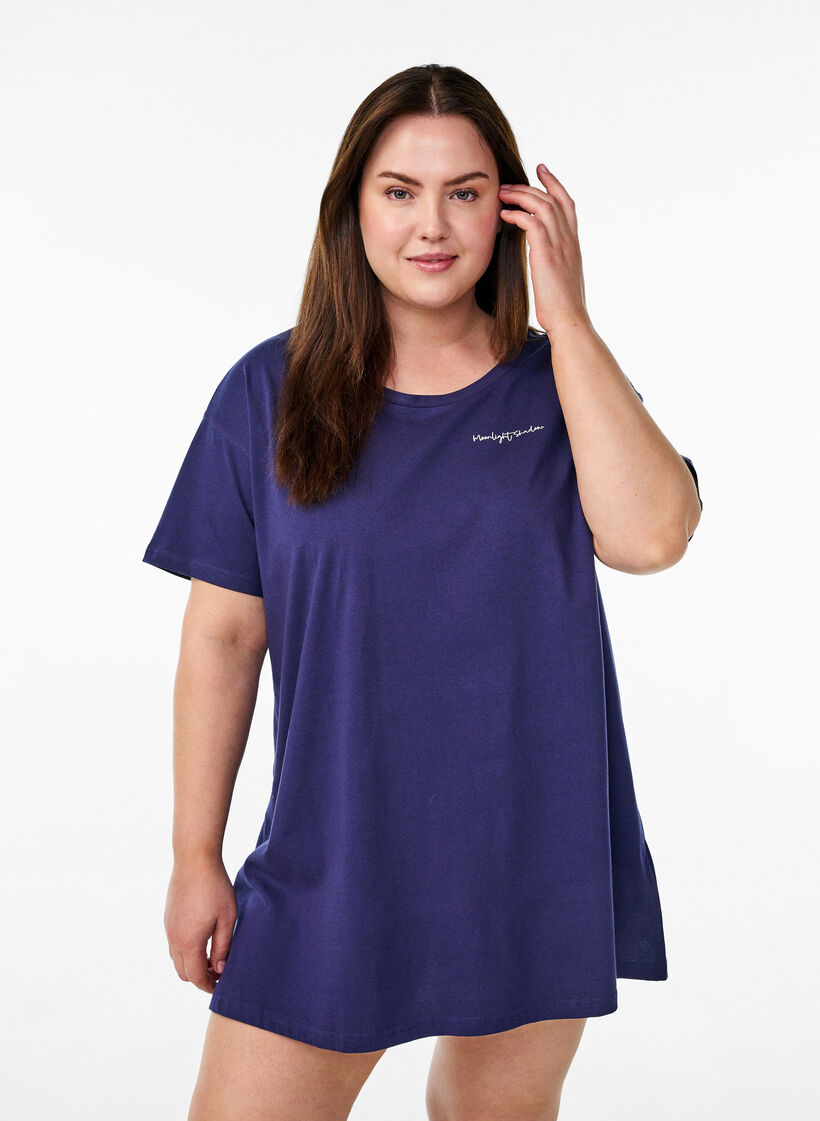 Lang nachthemd-T-shirt in biologisch katoen met print, Blauw, Model image number 2
