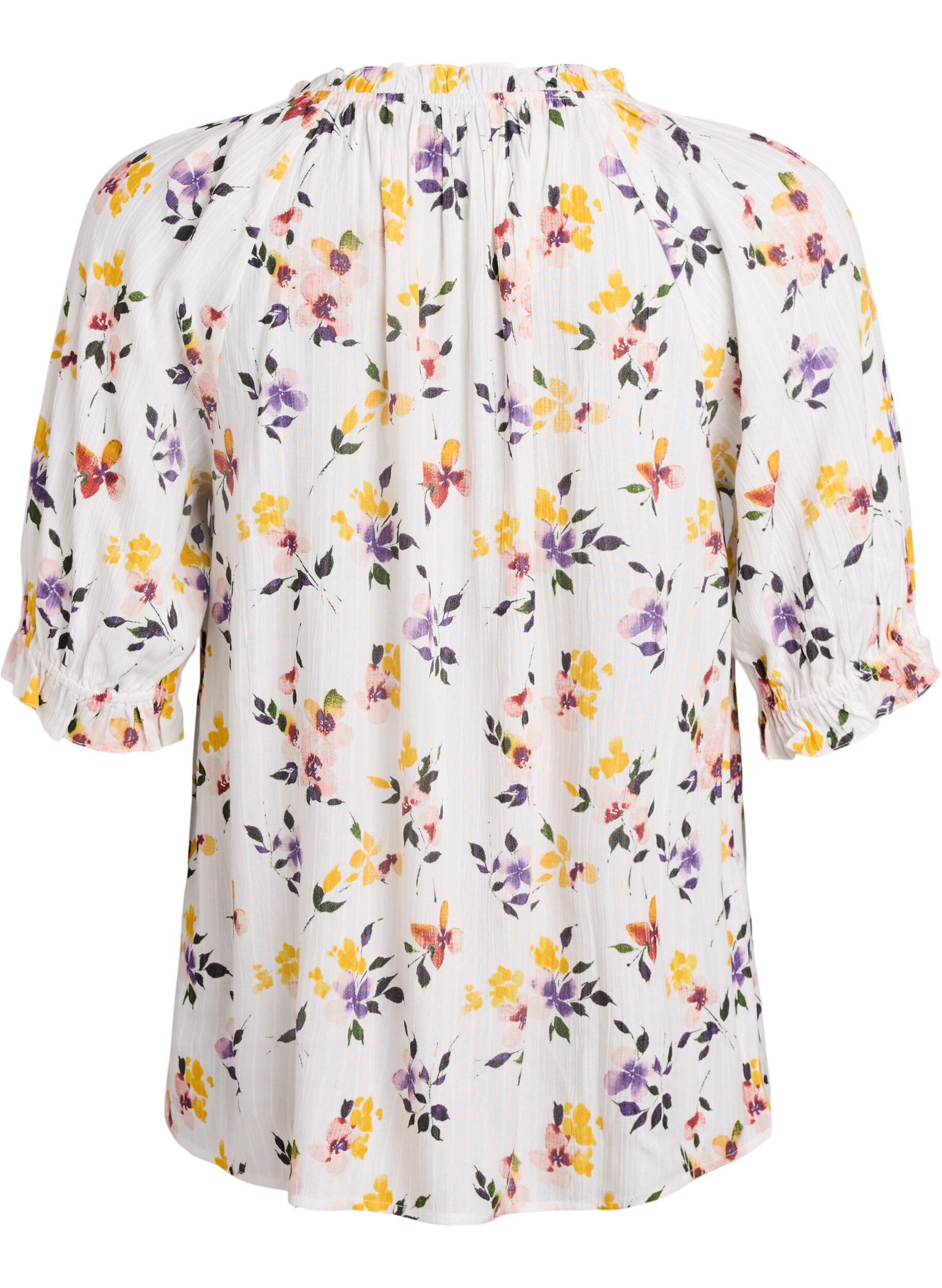 ZizziGebloemde viscose blouse met halflange mouwen, Wit, Packshot image number 1