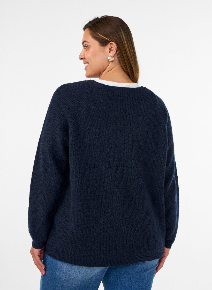 Gebreide blouse met V-hals en raglanmouwen, Blauw, Model image number 2