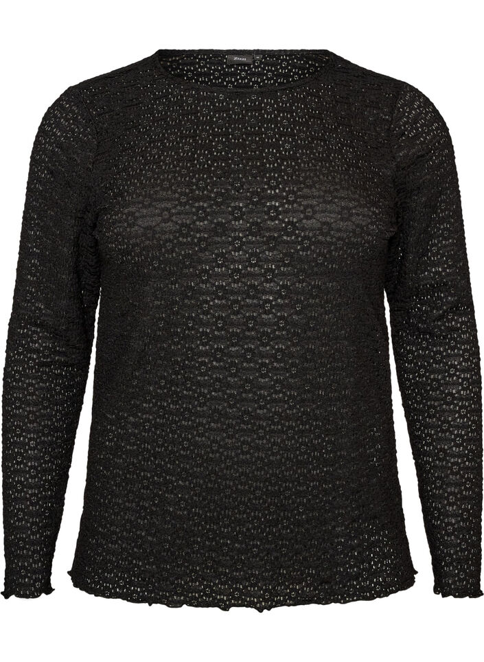 Blouse met ajourpatroon en lange mouwen, Zwart, Packshot image number 0