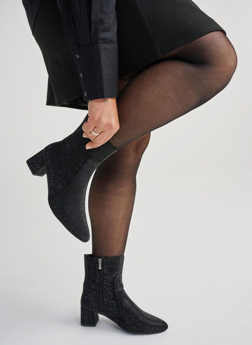 Wide fit - Enkellaarzen met rhinestones, Black, Image