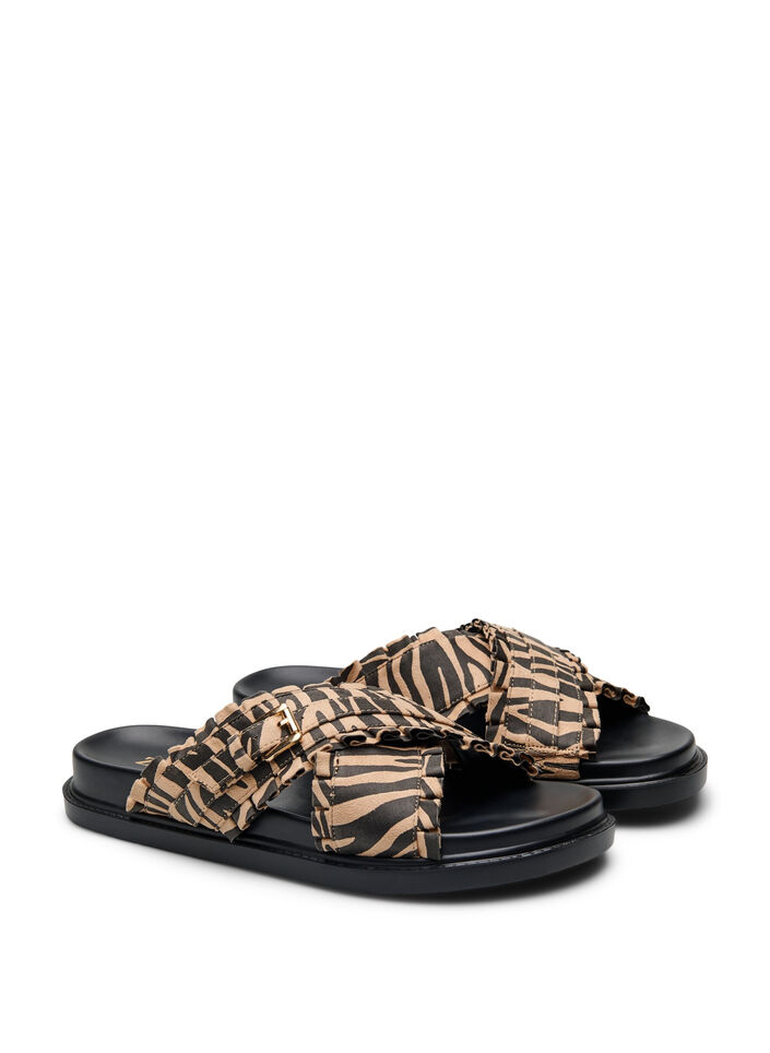 Sandalen met gekruiste bandjes en rucheranden, Bruin, Packshot image number 1