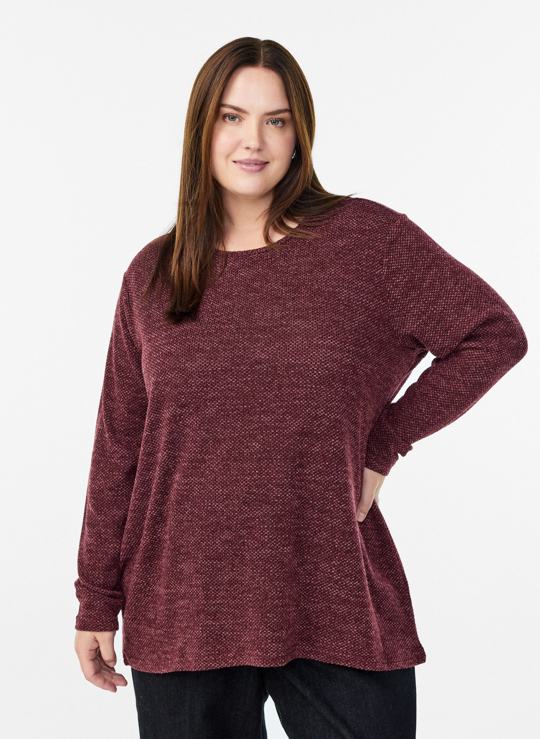 Blouse met lange mouwen en structuur, Donker Bordeaux, Model