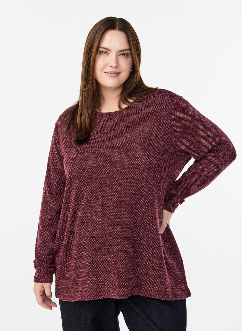 Blouse met lange mouwen en structuur, Donker Bordeaux, Model image number 0