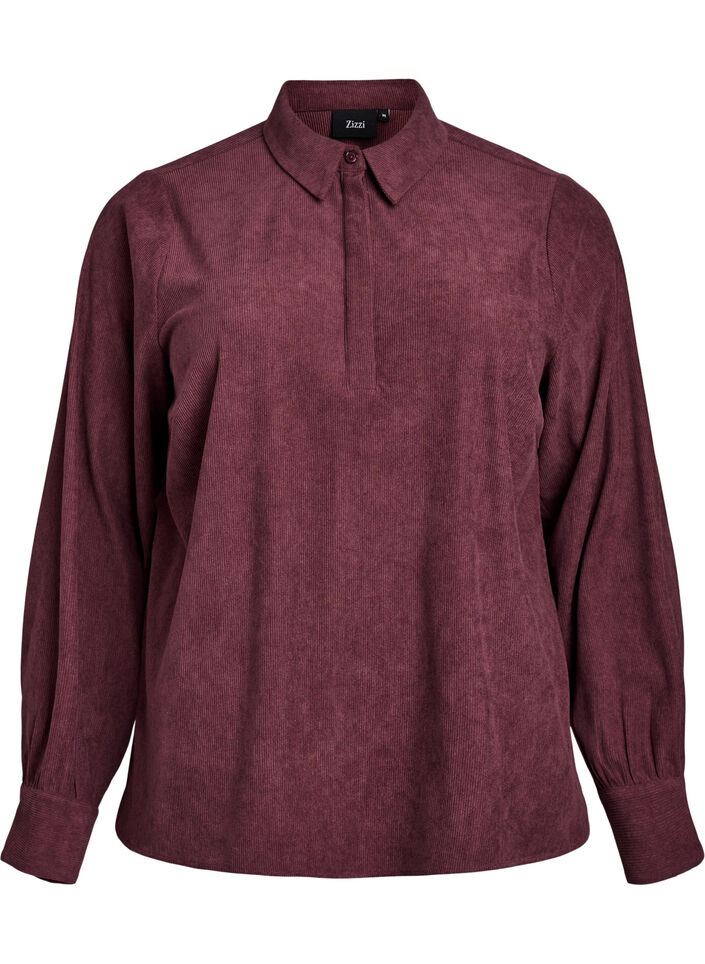 Overhemdblouse met lange mouwen in corduroy, Donker Bordeaux, Packshot image number 0