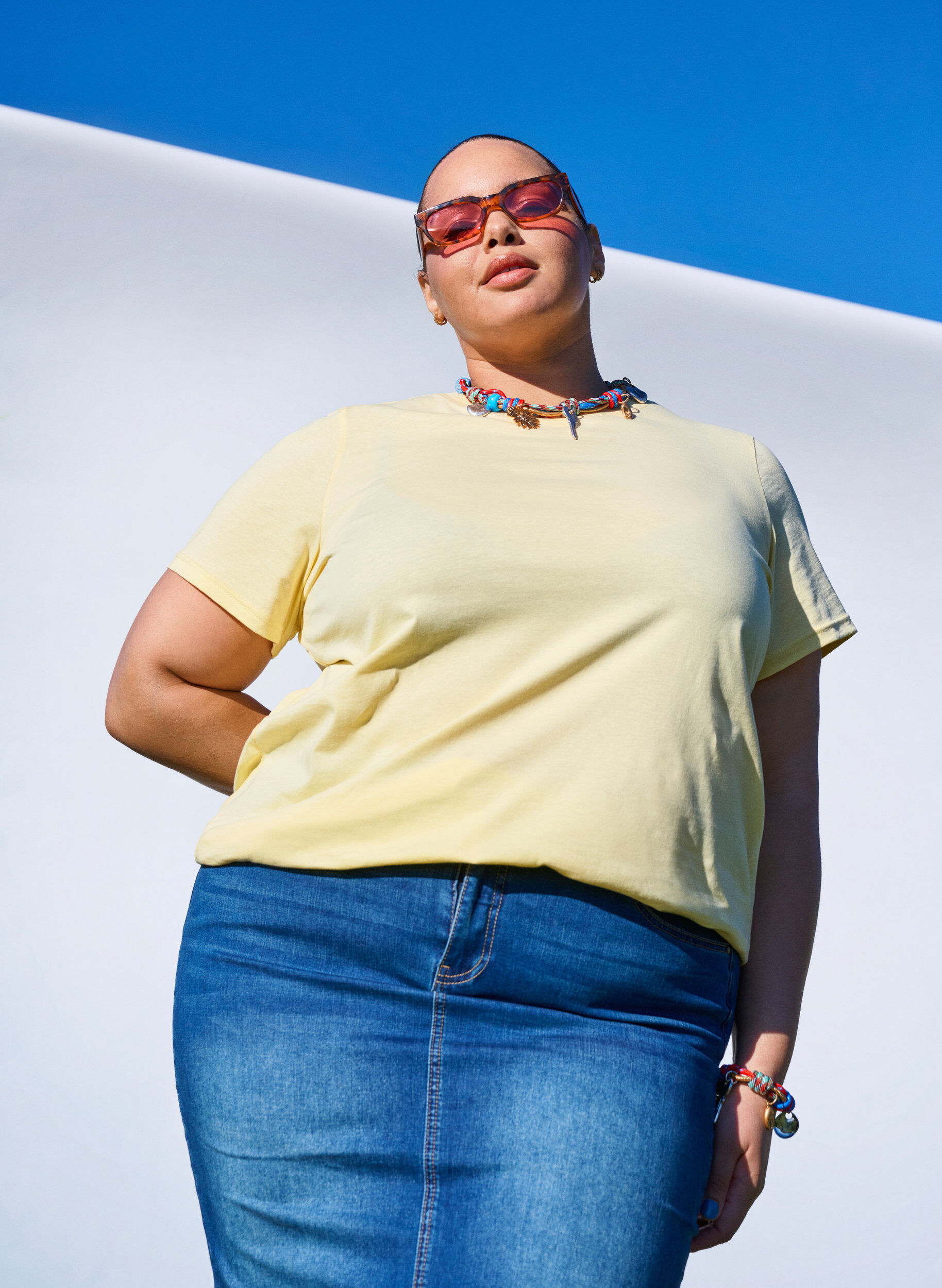 ZizziBasic katoenen T-shirt met ronde hals, Geel, Image image number 0