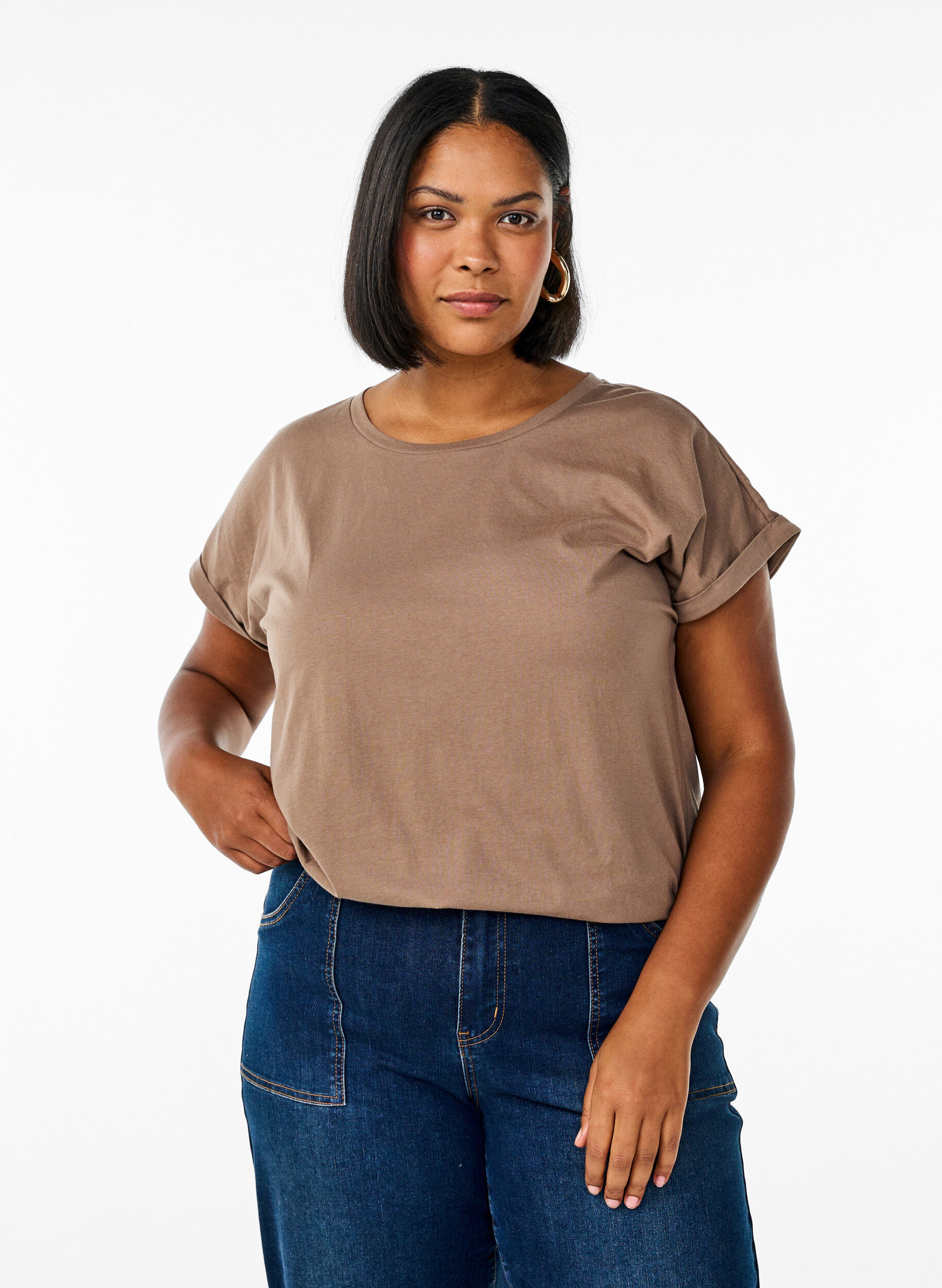 T-shirt met korte mouwen van katoenmix, Bruin, Model