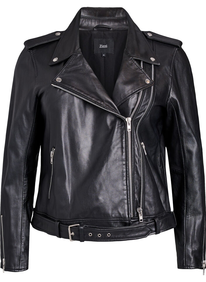 Leren bikerjack met riem, Black, Packshot