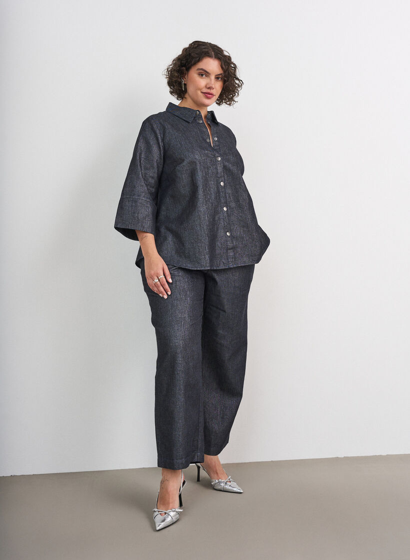 Denimshirt met glitterdraad en 3/4-mouwen, Grijs, Model image number 1