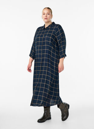 ZizziLange geruite overhemdjurk, Blue Beige Check, Model image number 0