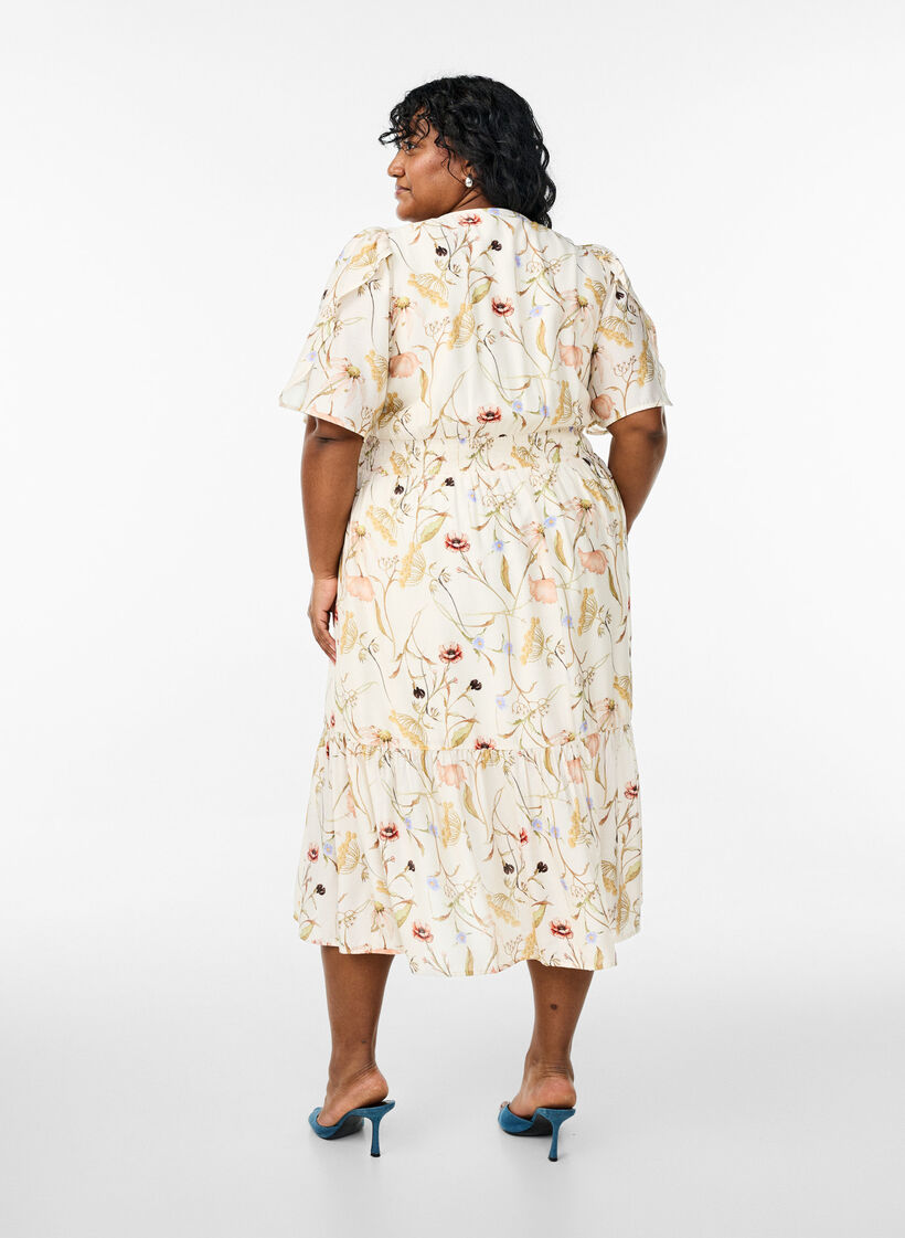 Midi-jurk met bloemen met een A-lijn vorm, Beige, Model image number 2